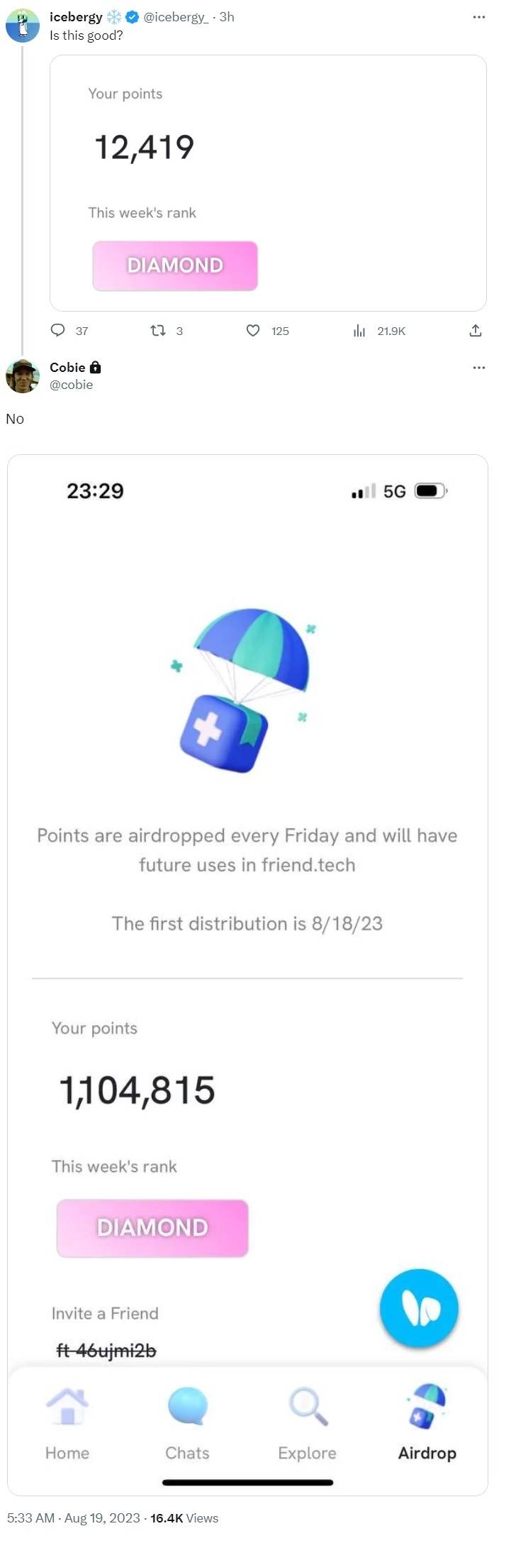 Friend.tech initiates the airdrop of points for its users